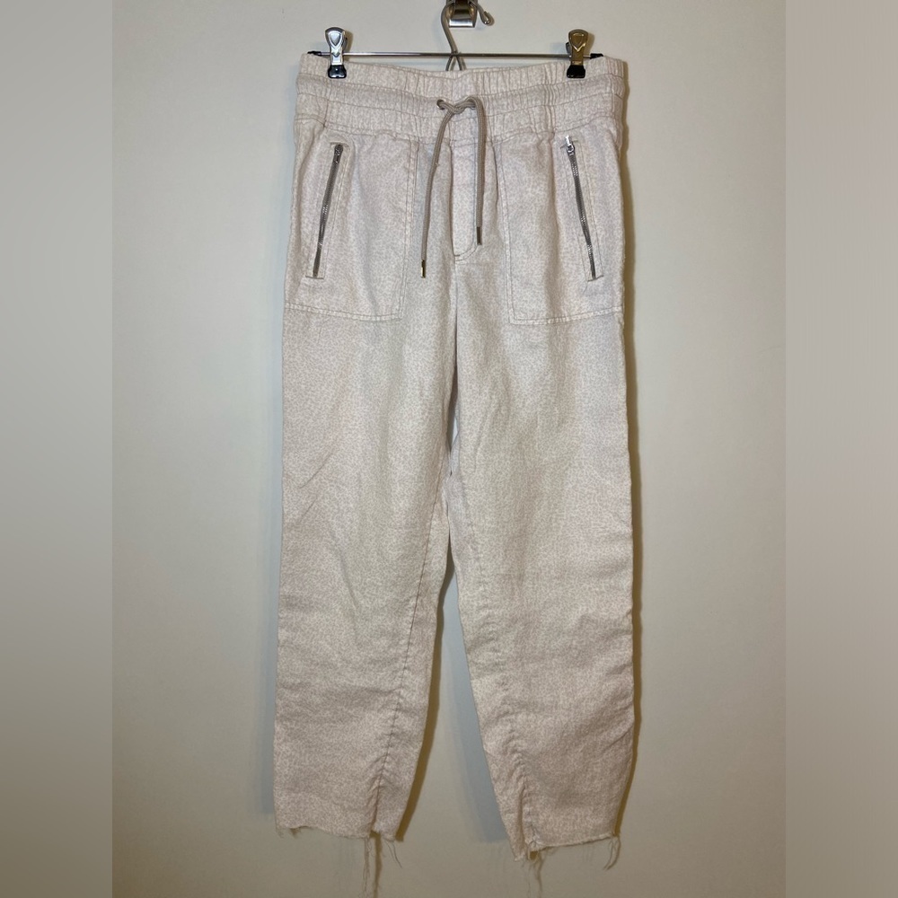 Athleta White Cabo Linen Leopard Print Zip Pockets Joggers Pants Womens Size 6